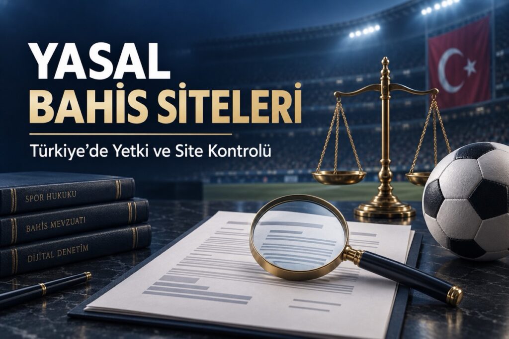 Yasal bahis sitelerinde yetki kontrolünü simgeleyen terazi, büyüteç ve futbol topu.